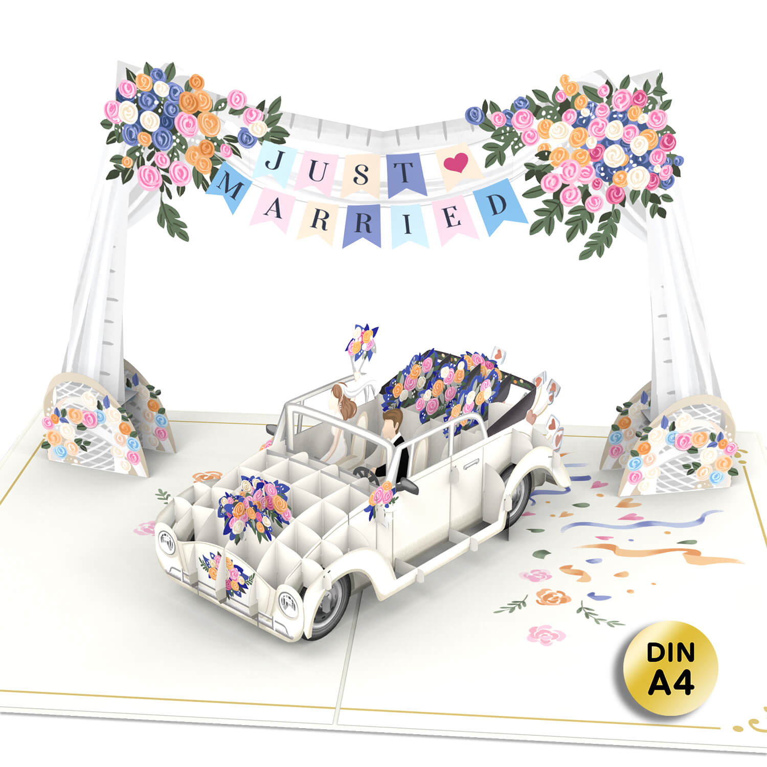 XXL Hochzeitsauto mit Girlande Pop-Up Karte