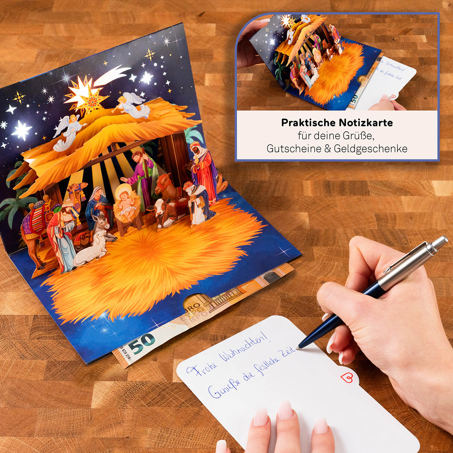 Weihnachtskrippe mit Musik & Licht Pop-Up Karte