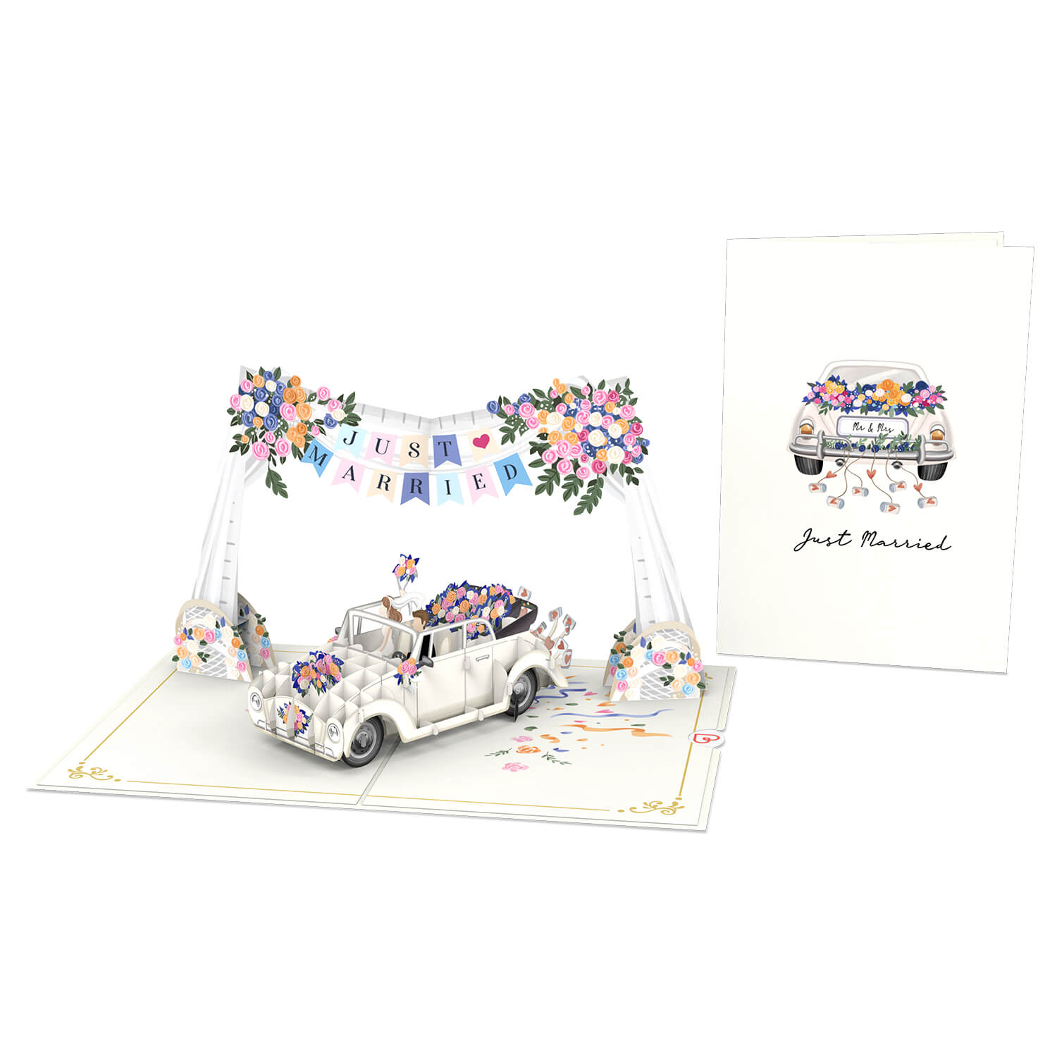 Hochzeitsauto mit "Just Married" Girlande Pop-Up Karte