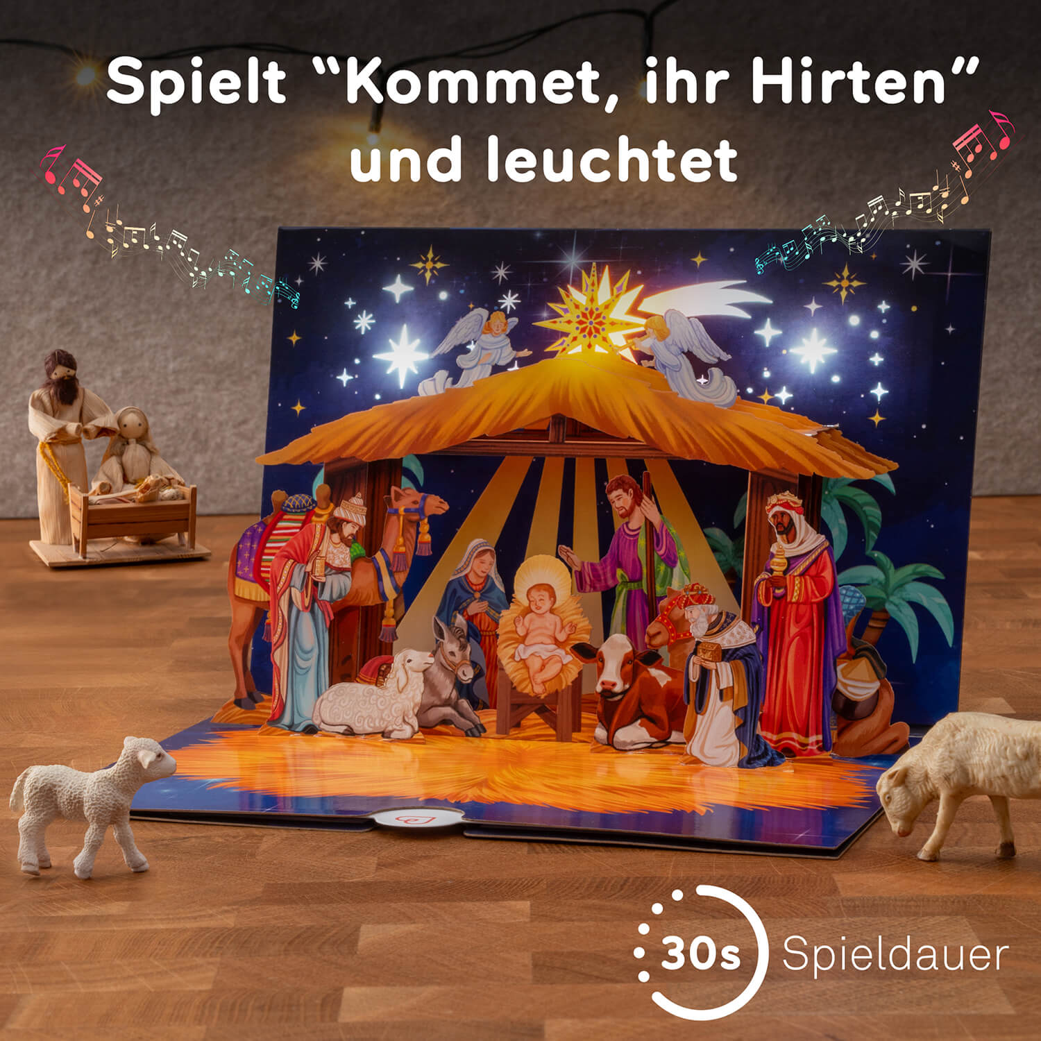 Weihnachtskrippe mit Musik & Licht Pop-Up Karte