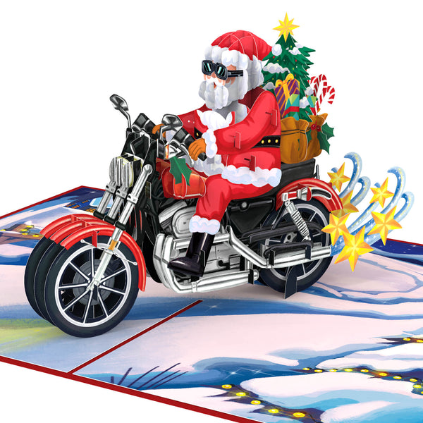 Weihnachtsmann auf Motorrad Pop-Up Karte