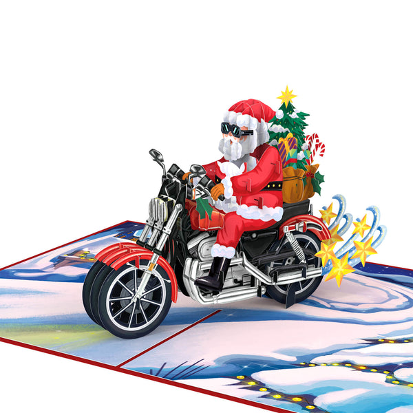 Weihnachtsmann auf Motorrad Pop-Up Karte