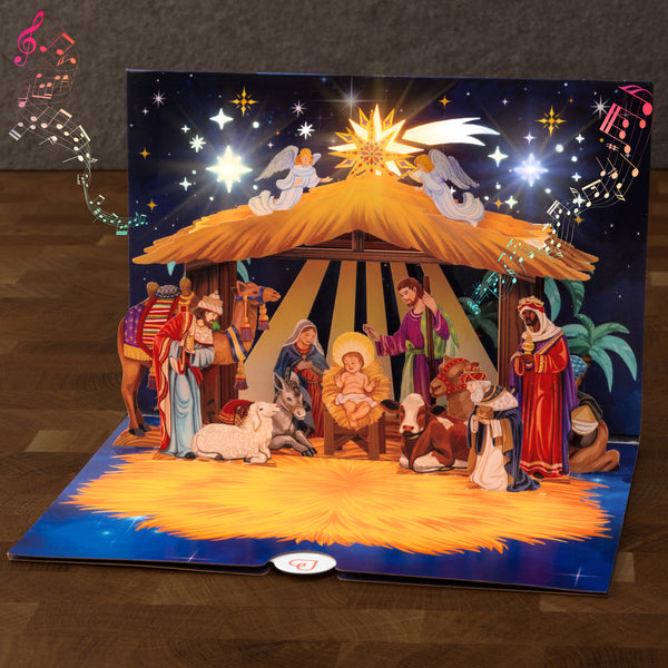 Weihnachtskrippe mit Musik & Licht Pop-Up Karte