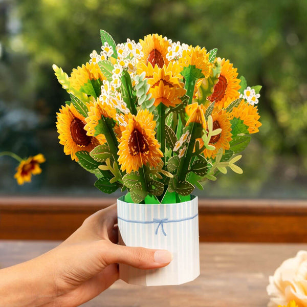 3D Pop-Up Grußkarte Goldene Sonnenblumen - Handgemacht, 15x20 Cm, Mit Umschlag