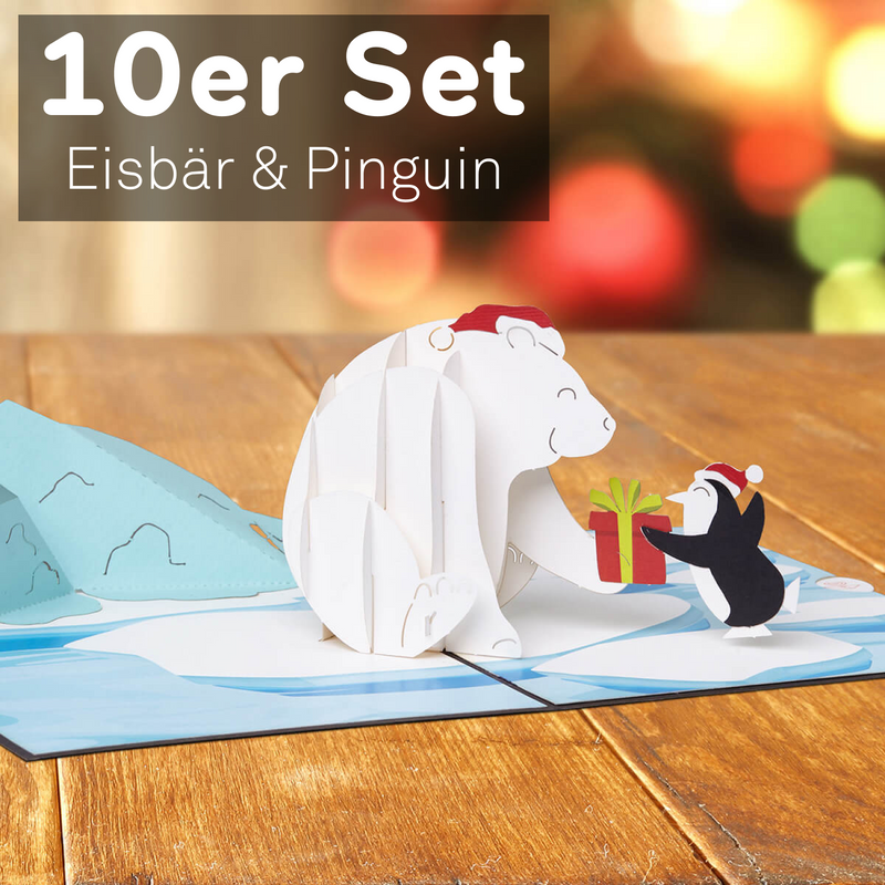 10er Super-Set Eisbär & Pinguin Pop-Up Karte