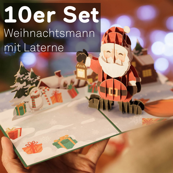 10er Super-Set Weihnachtsmann mit Laterne Pop-Up Karte